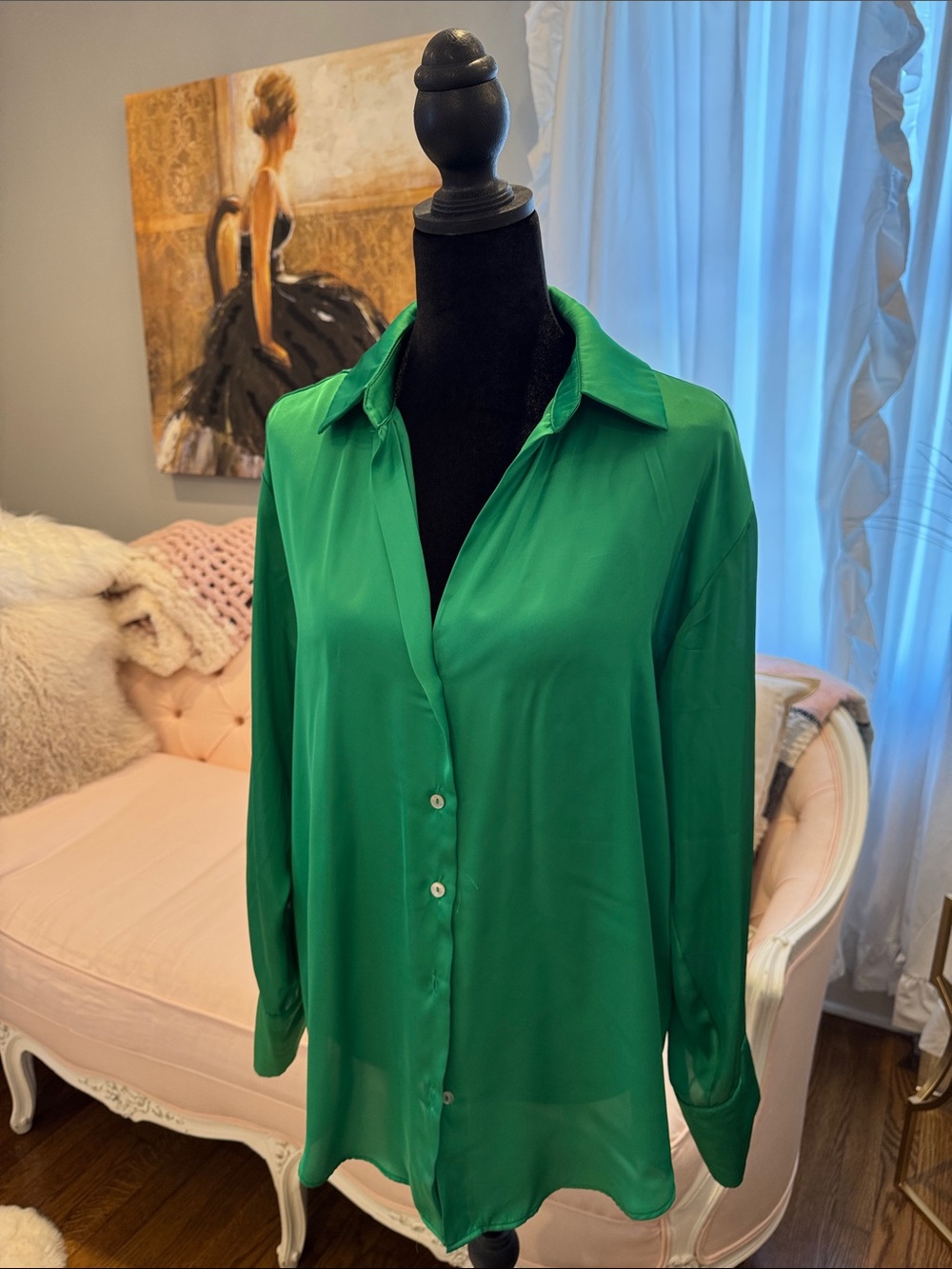 Zara Emerald Green Satin Button-Down Shirt